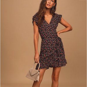 Lulus Black Floral Wrap Mini Dress